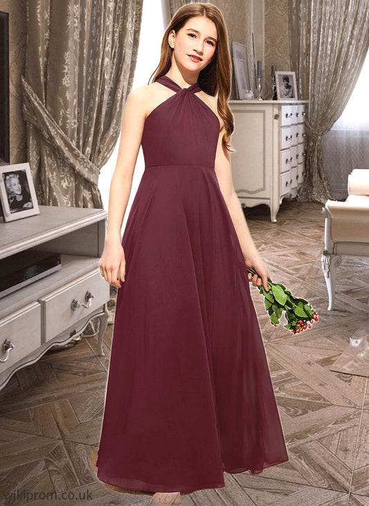 Polly A-Line V-neck Floor-Length Chiffon Junior Bridesmaid Dress With Ruffle SWKP0013468