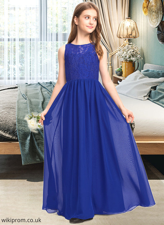 Riley A-Line Scoop Neck Floor-Length Chiffon Lace Junior Bridesmaid Dress SWKP0013469