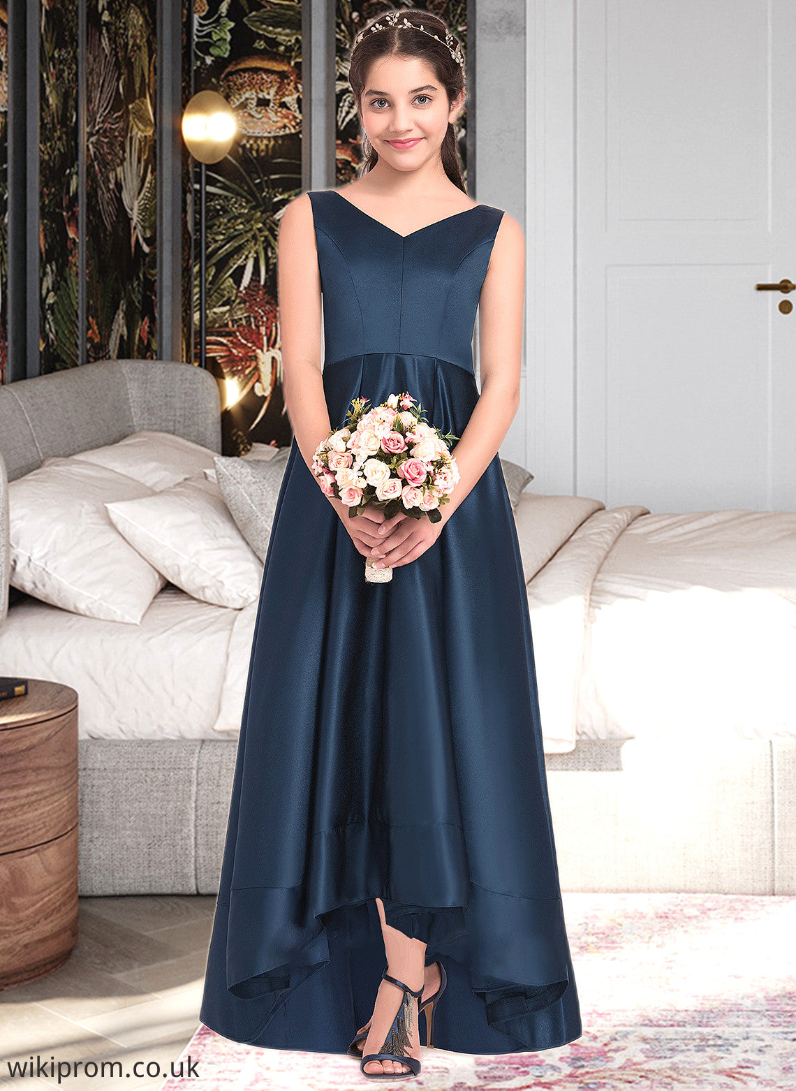 Lilian A-Line V-neck Asymmetrical Satin Junior Bridesmaid Dress SWKP0013471