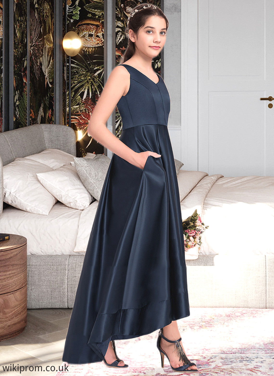 Lilian A-Line V-neck Asymmetrical Satin Junior Bridesmaid Dress SWKP0013471