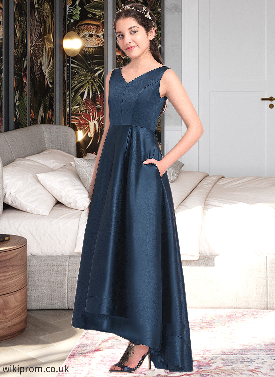 Lilian A-Line V-neck Asymmetrical Satin Junior Bridesmaid Dress SWKP0013471