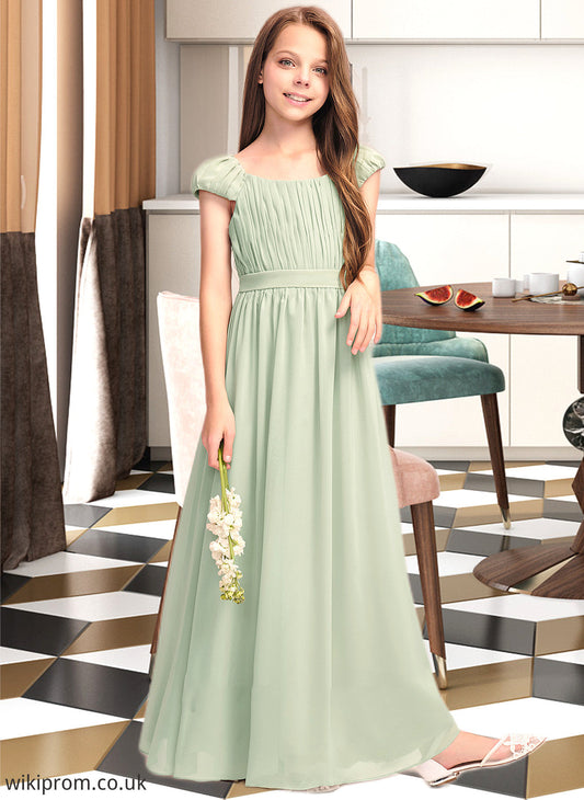 Essence A-Line Scoop Neck Floor-Length Chiffon Junior Bridesmaid Dress With Ruffle Bow(s) SWKP0013474