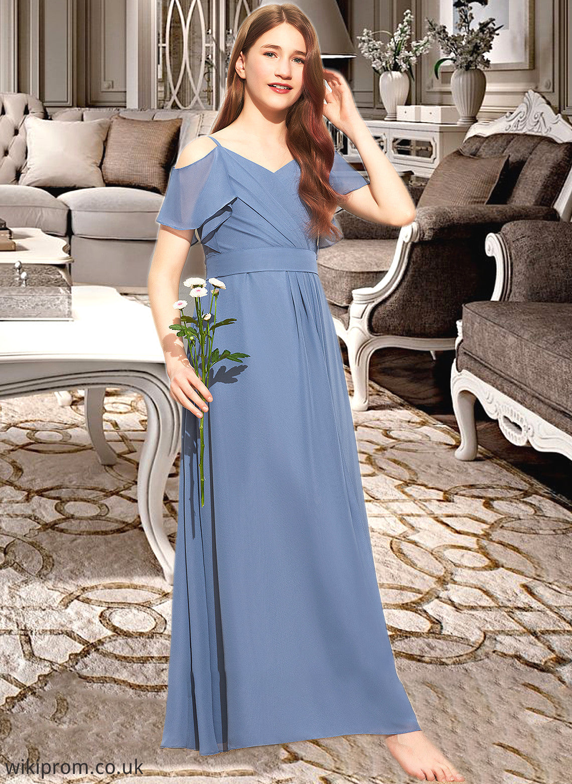 Deanna A-Line Off-the-Shoulder Floor-Length Chiffon Junior Bridesmaid Dress With Ruffle Bow(s) SWKP0013475