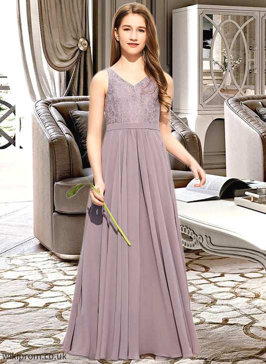 Autumn A-Line V-neck Floor-Length Chiffon Lace Junior Bridesmaid Dress SWKP0013476