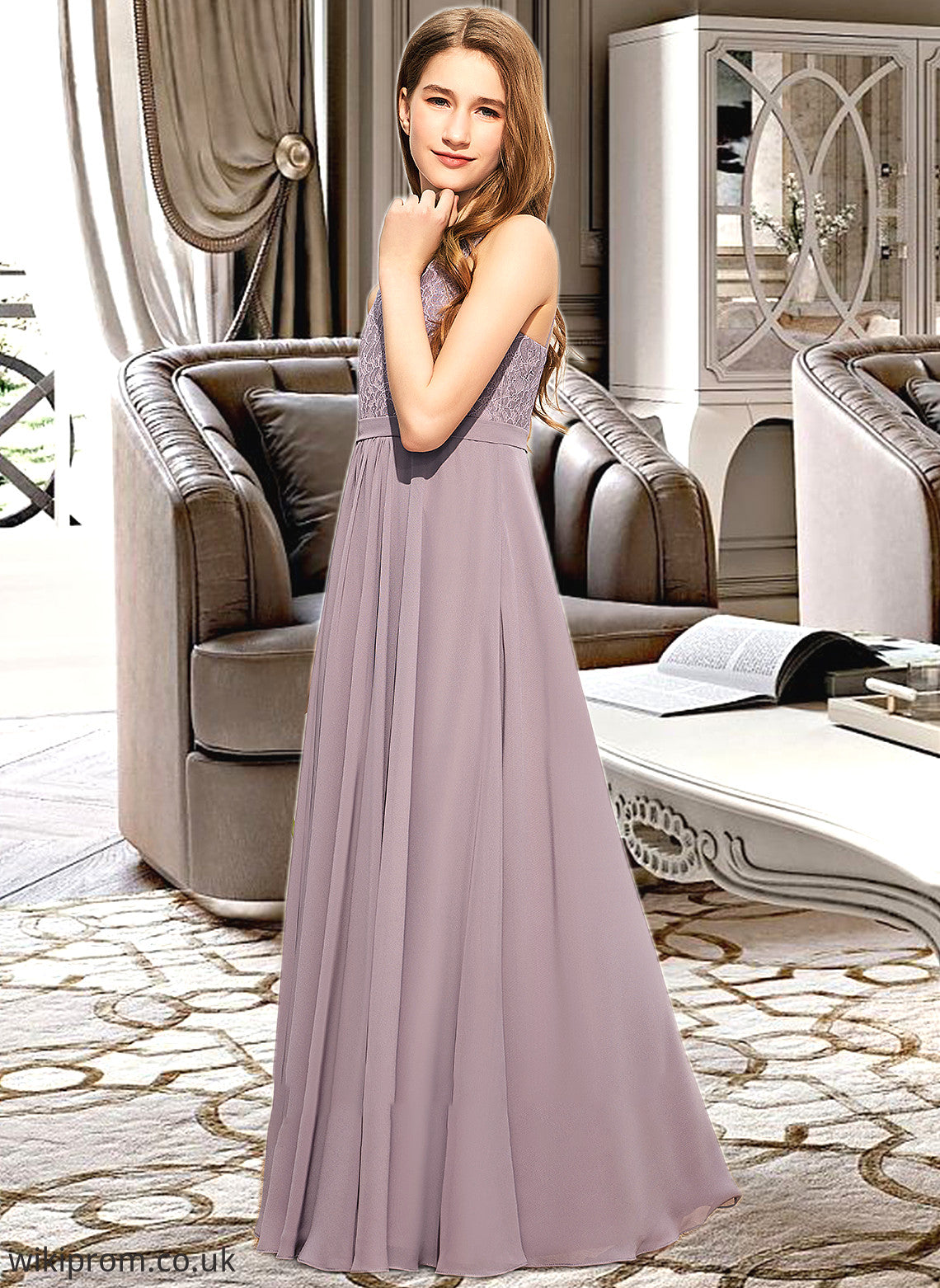 Autumn A-Line V-neck Floor-Length Chiffon Lace Junior Bridesmaid Dress SWKP0013476