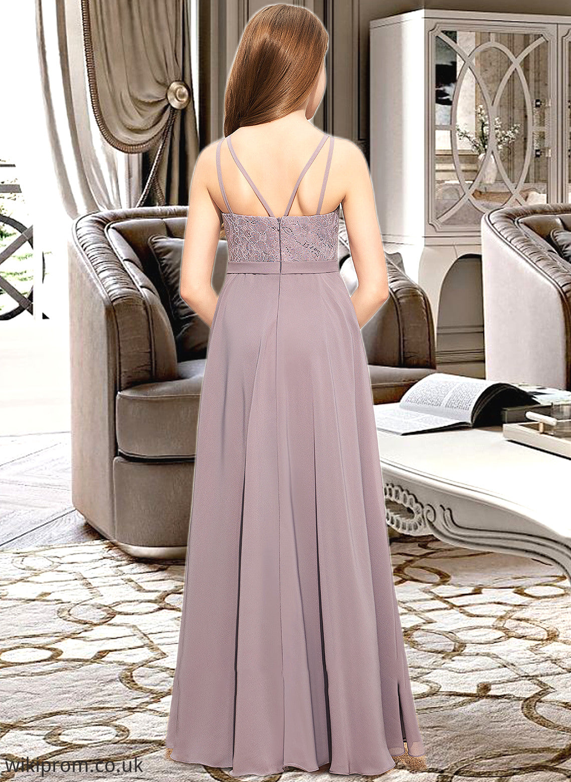 Autumn A-Line V-neck Floor-Length Chiffon Lace Junior Bridesmaid Dress SWKP0013476