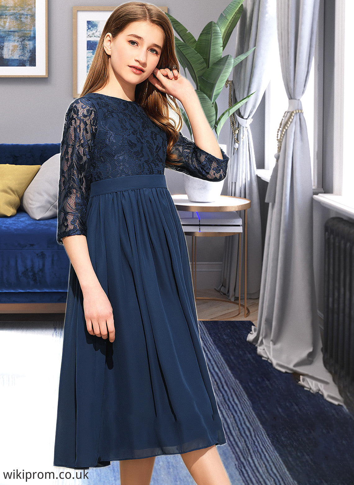 Andrea A-Line Scoop Neck Tea-Length Chiffon Lace Junior Bridesmaid Dress SWKP0013477