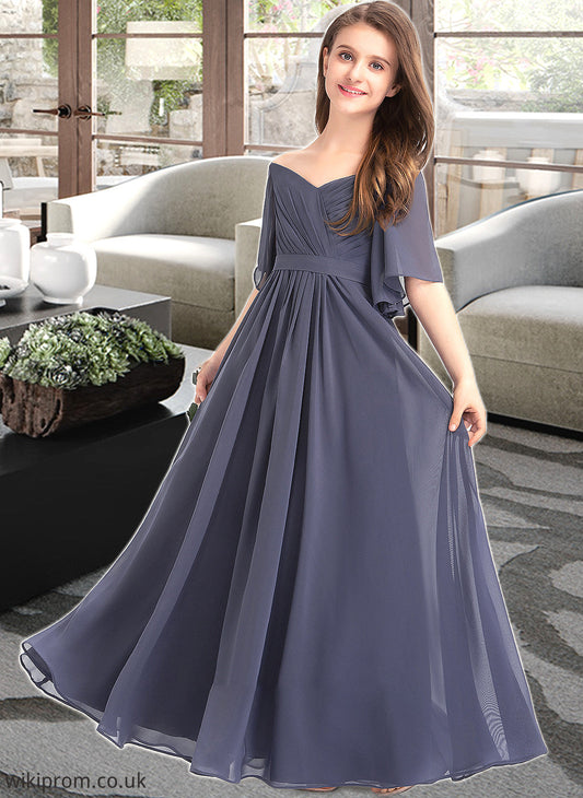 Martina A-Line Off-the-Shoulder Floor-Length Chiffon Junior Bridesmaid Dress With Ruffle Bow(s) SWKP0013479