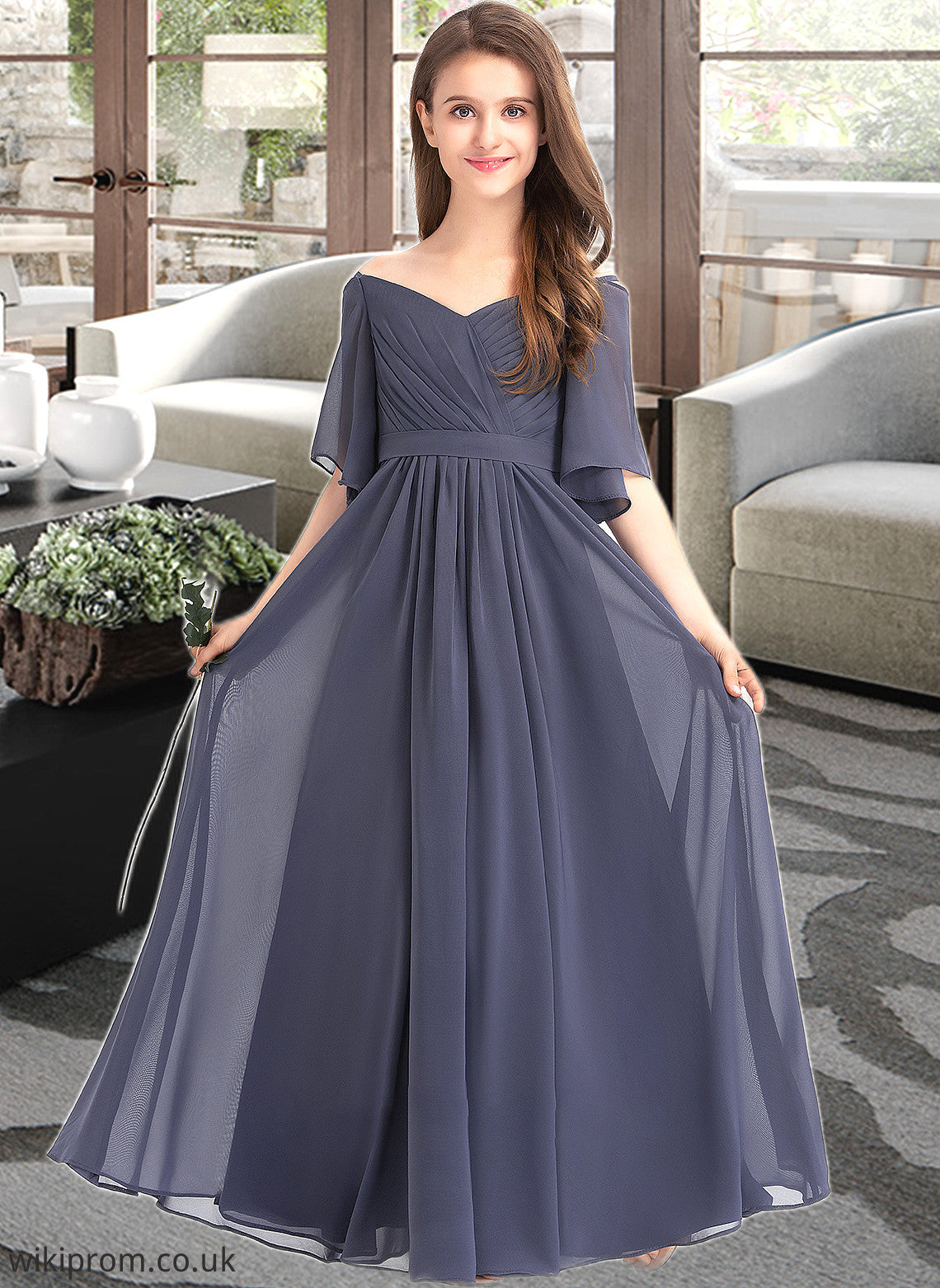 Martina A-Line Off-the-Shoulder Floor-Length Chiffon Junior Bridesmaid Dress With Ruffle Bow(s) SWKP0013479