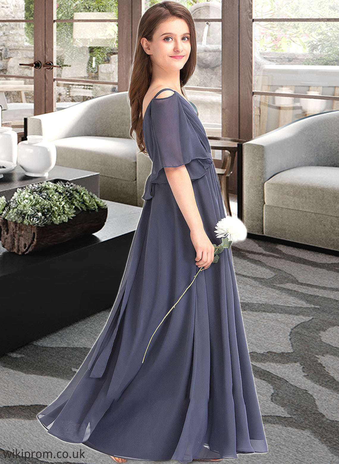 Martina A-Line Off-the-Shoulder Floor-Length Chiffon Junior Bridesmaid Dress With Ruffle Bow(s) SWKP0013479