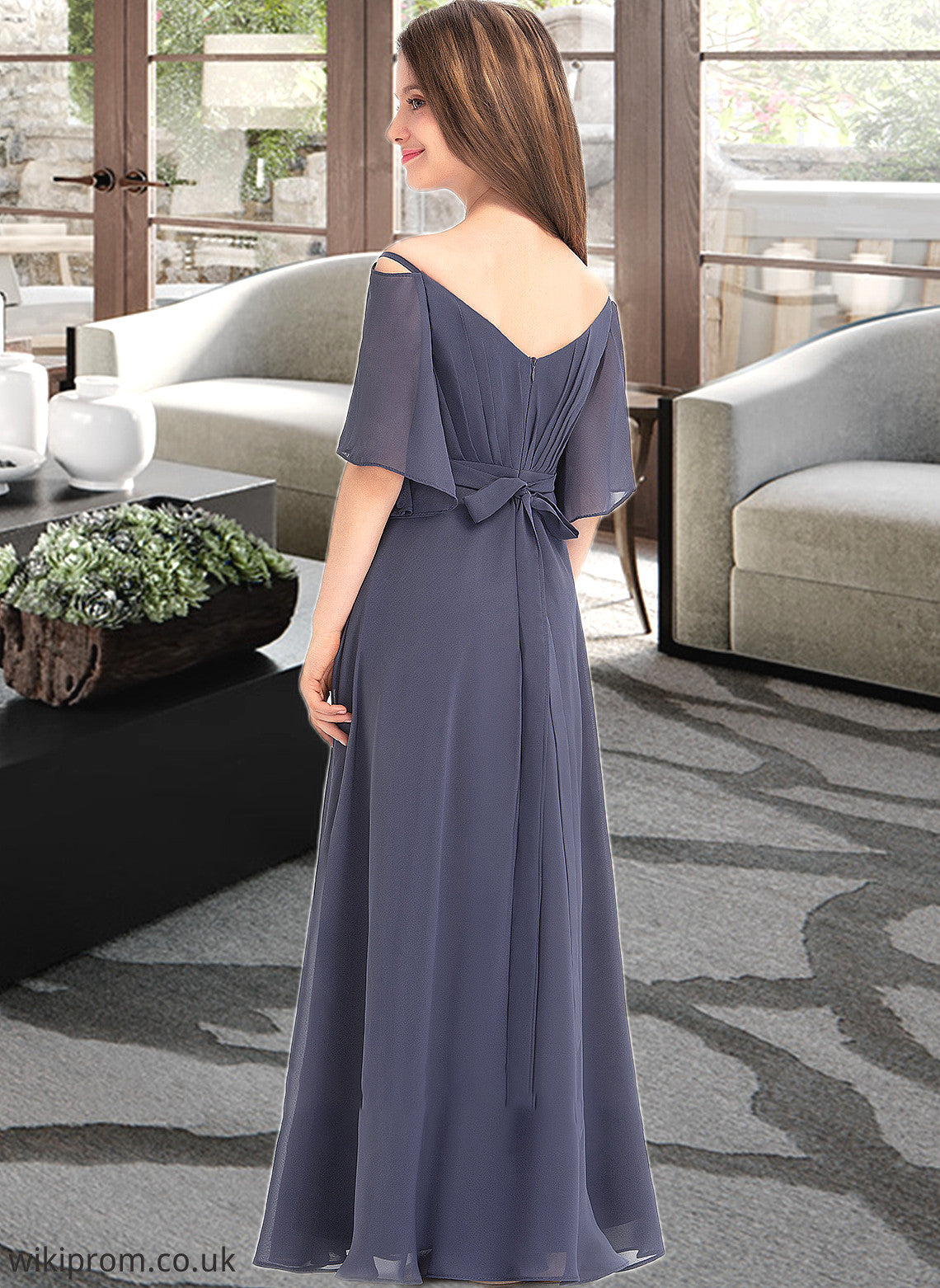 Martina A-Line Off-the-Shoulder Floor-Length Chiffon Junior Bridesmaid Dress With Ruffle Bow(s) SWKP0013479