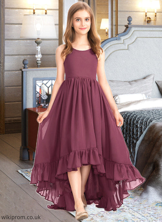 Mia A-Line Scoop Neck Asymmetrical Chiffon Junior Bridesmaid Dress With Bow(s) Cascading Ruffles SWKP0013480