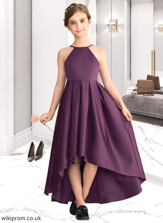 Abbey A-Line Scoop Neck Asymmetrical Satin Junior Bridesmaid Dress With Ruffle SWKP0013481