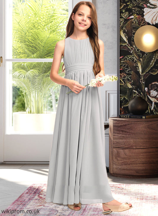 Cadence A-Line Scoop Neck Floor-Length Chiffon Junior Bridesmaid Dress With Ruffle Bow(s) SWKP0013483