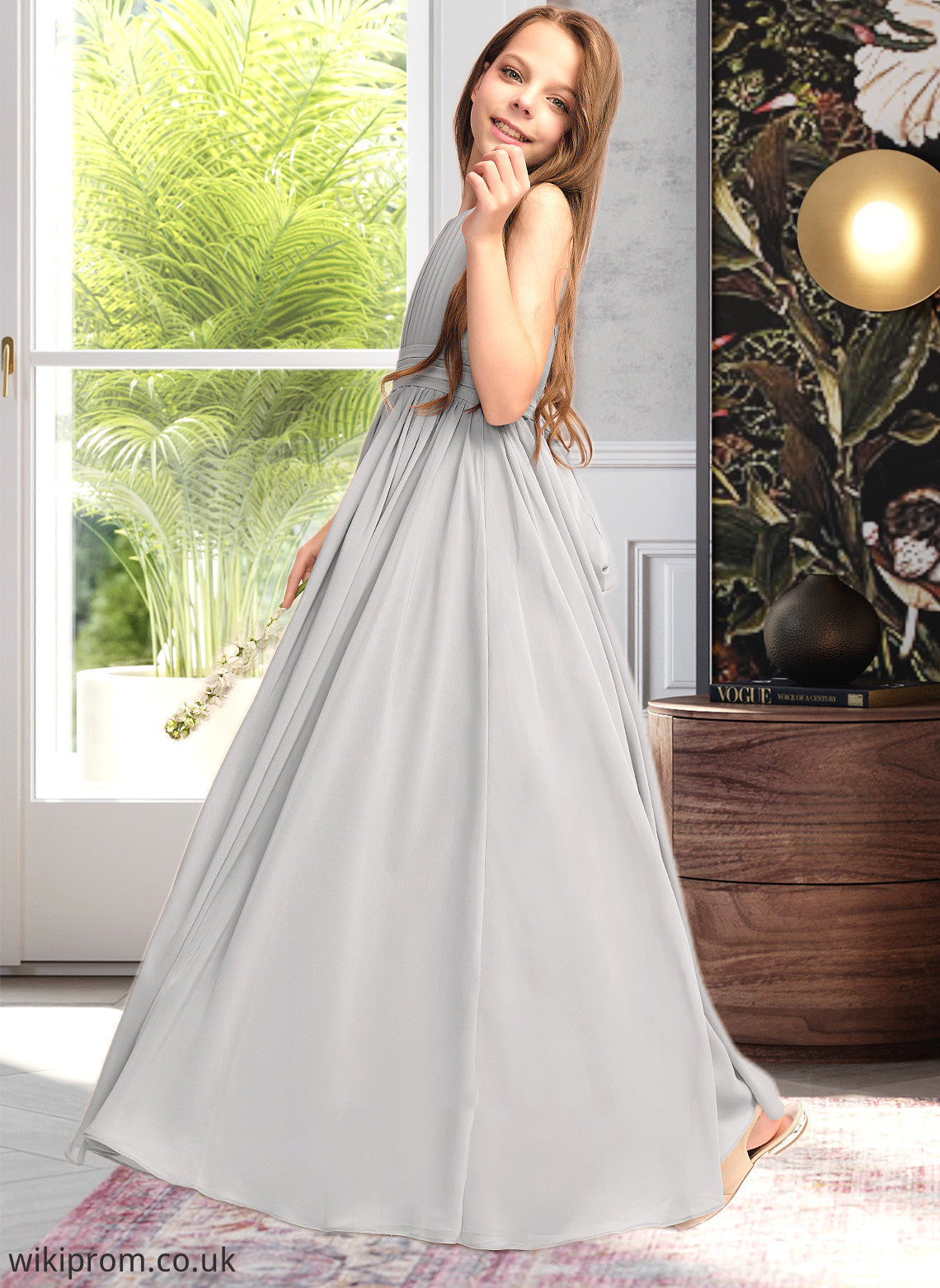 Cadence A-Line Scoop Neck Floor-Length Chiffon Junior Bridesmaid Dress With Ruffle Bow(s) SWKP0013483