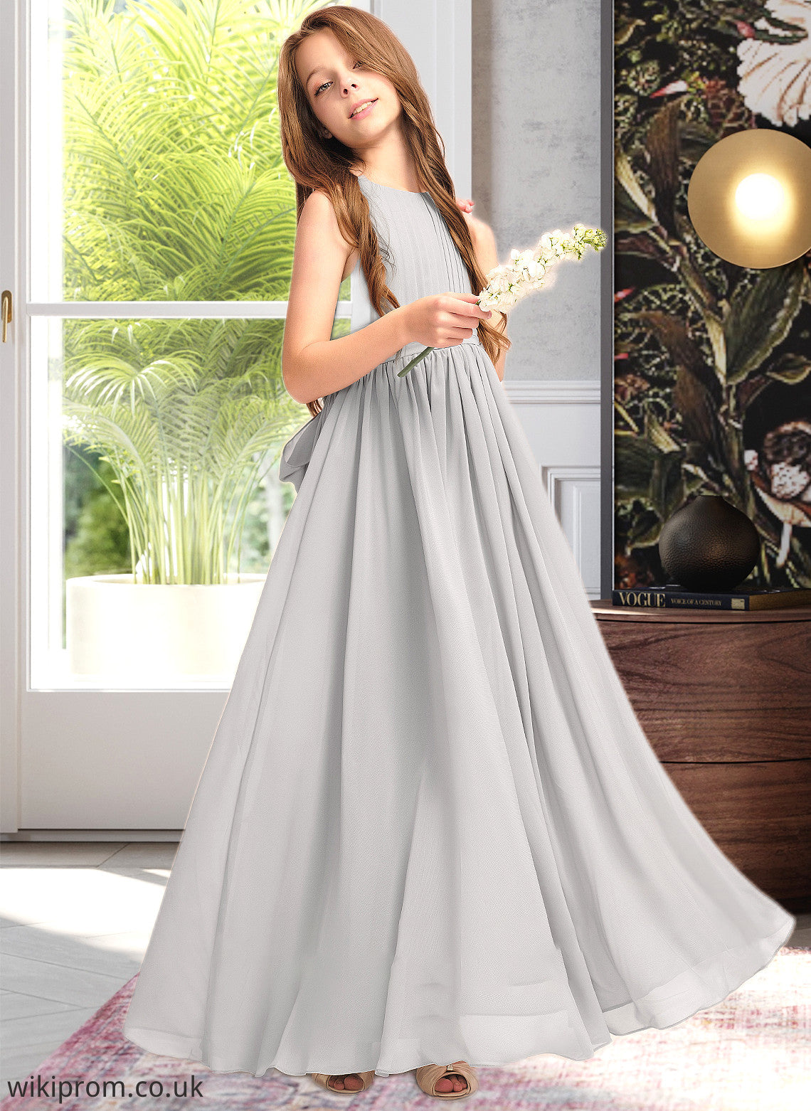 Cadence A-Line Scoop Neck Floor-Length Chiffon Junior Bridesmaid Dress With Ruffle Bow(s) SWKP0013483