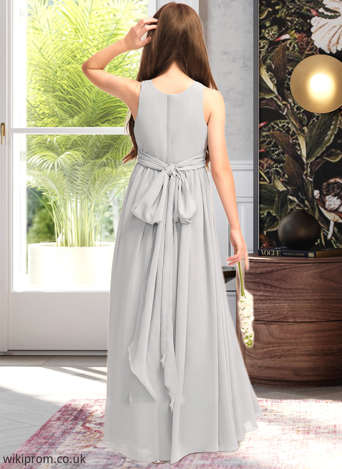 Cadence A-Line Scoop Neck Floor-Length Chiffon Junior Bridesmaid Dress With Ruffle Bow(s) SWKP0013483