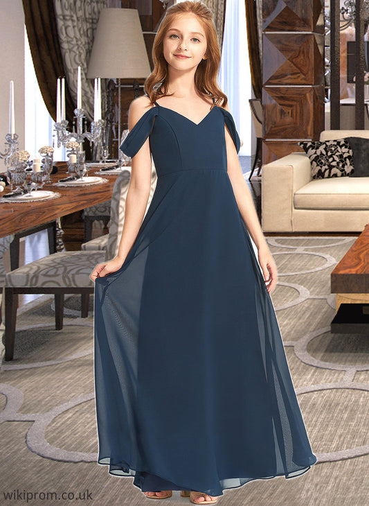 Katie A-Line Off-the-Shoulder Floor-Length Chiffon Junior Bridesmaid Dress SWKP0013485