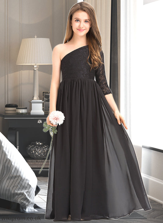 Shirley A-Line One-Shoulder Floor-Length Chiffon Lace Junior Bridesmaid Dress SWKP0013486