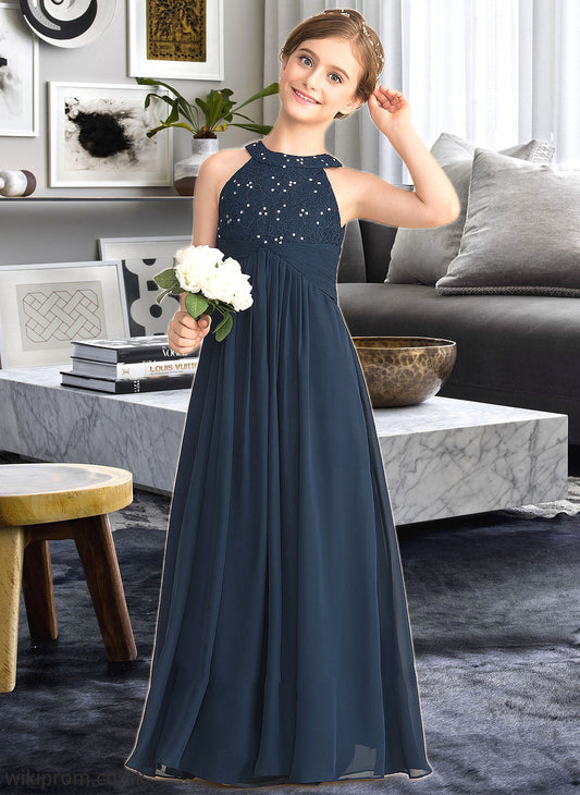 Amari A-Line Scoop Neck Floor-Length Chiffon Lace Junior Bridesmaid Dress With Ruffle Beading SWKP0013488