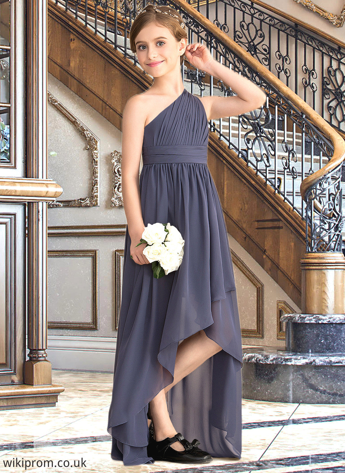 Jaylene A-Line One-Shoulder Asymmetrical Chiffon Junior Bridesmaid Dress With Ruffle SWKP0013489