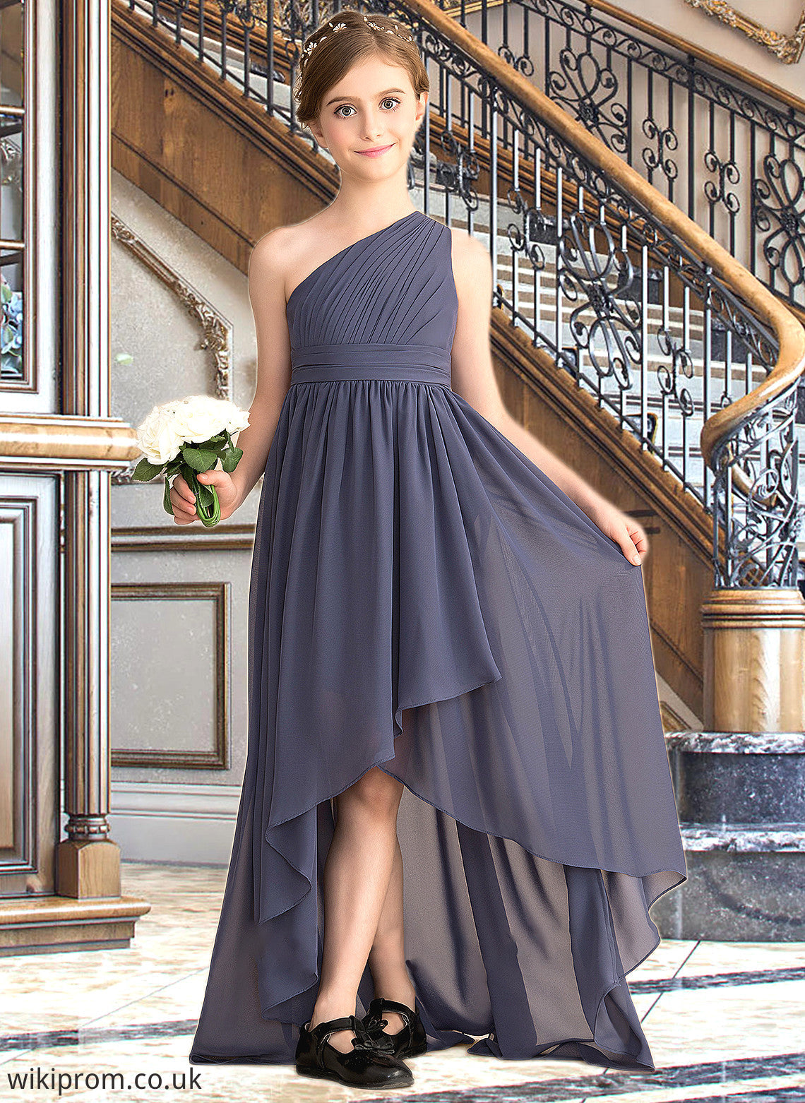 Jaylene A-Line One-Shoulder Asymmetrical Chiffon Junior Bridesmaid Dress With Ruffle SWKP0013489