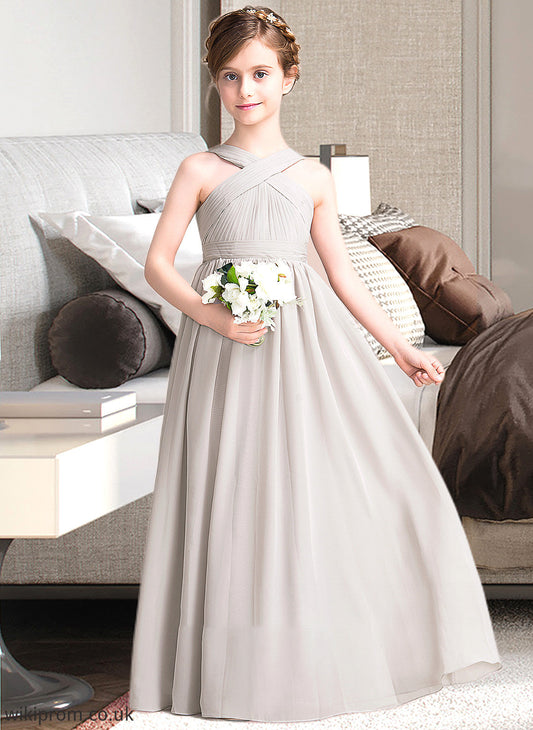 Cynthia A-Line V-neck Floor-Length Chiffon Junior Bridesmaid Dress With Ruffle Bow(s) SWKP0013491