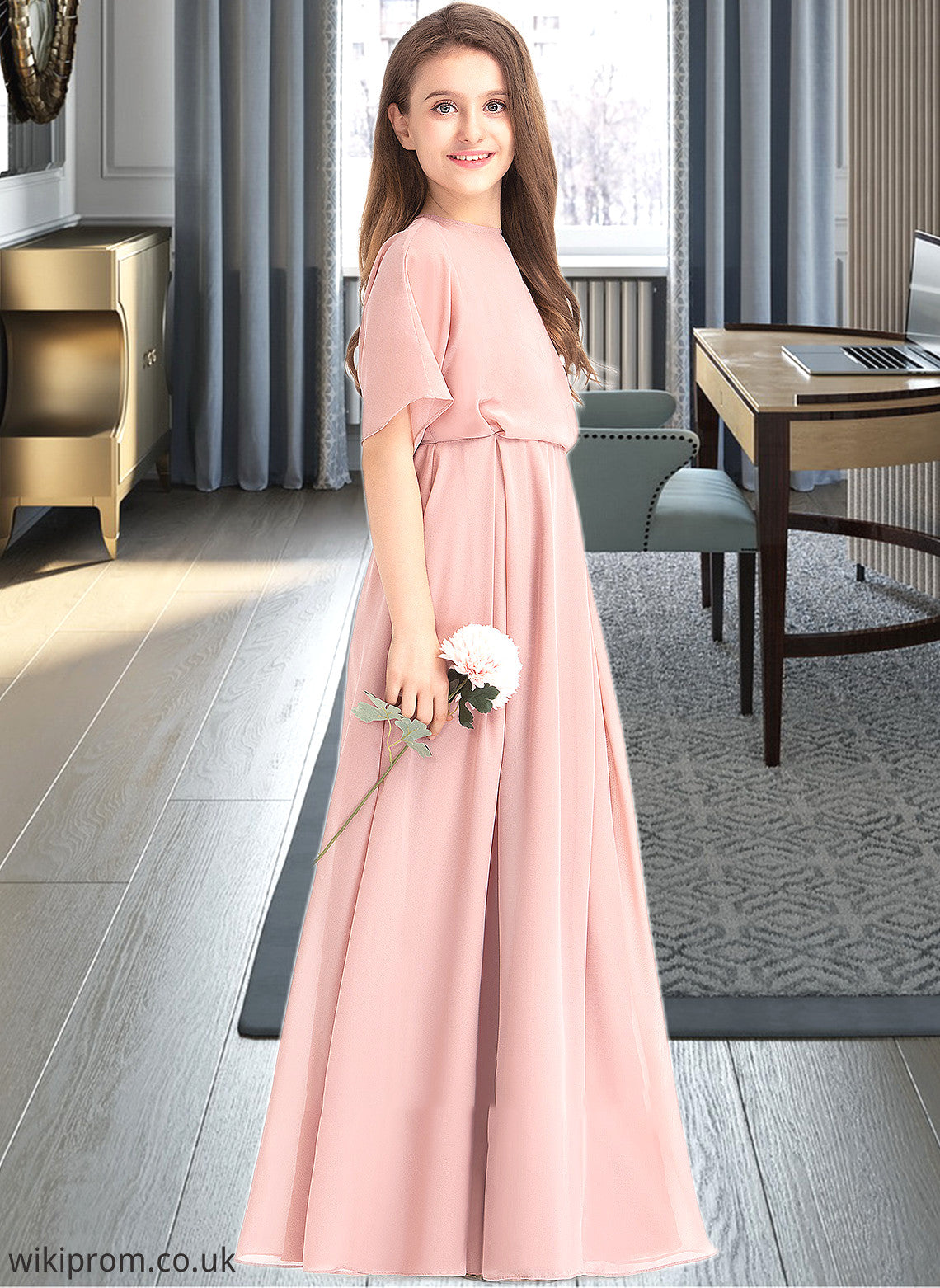 Helen A-Line Scoop Neck Floor-Length Chiffon Junior Bridesmaid Dress SWKP0013493