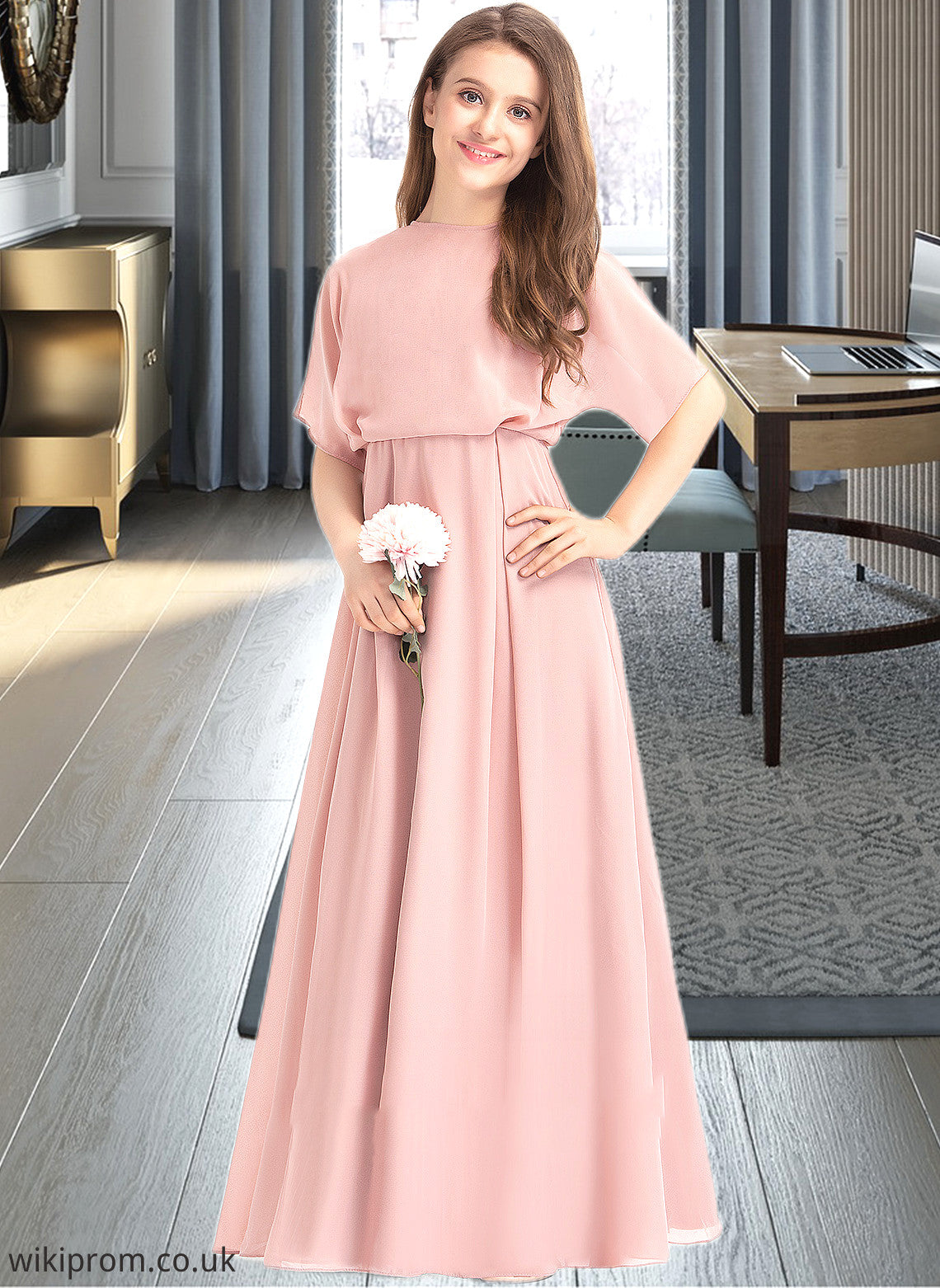 Helen A-Line Scoop Neck Floor-Length Chiffon Junior Bridesmaid Dress SWKP0013493