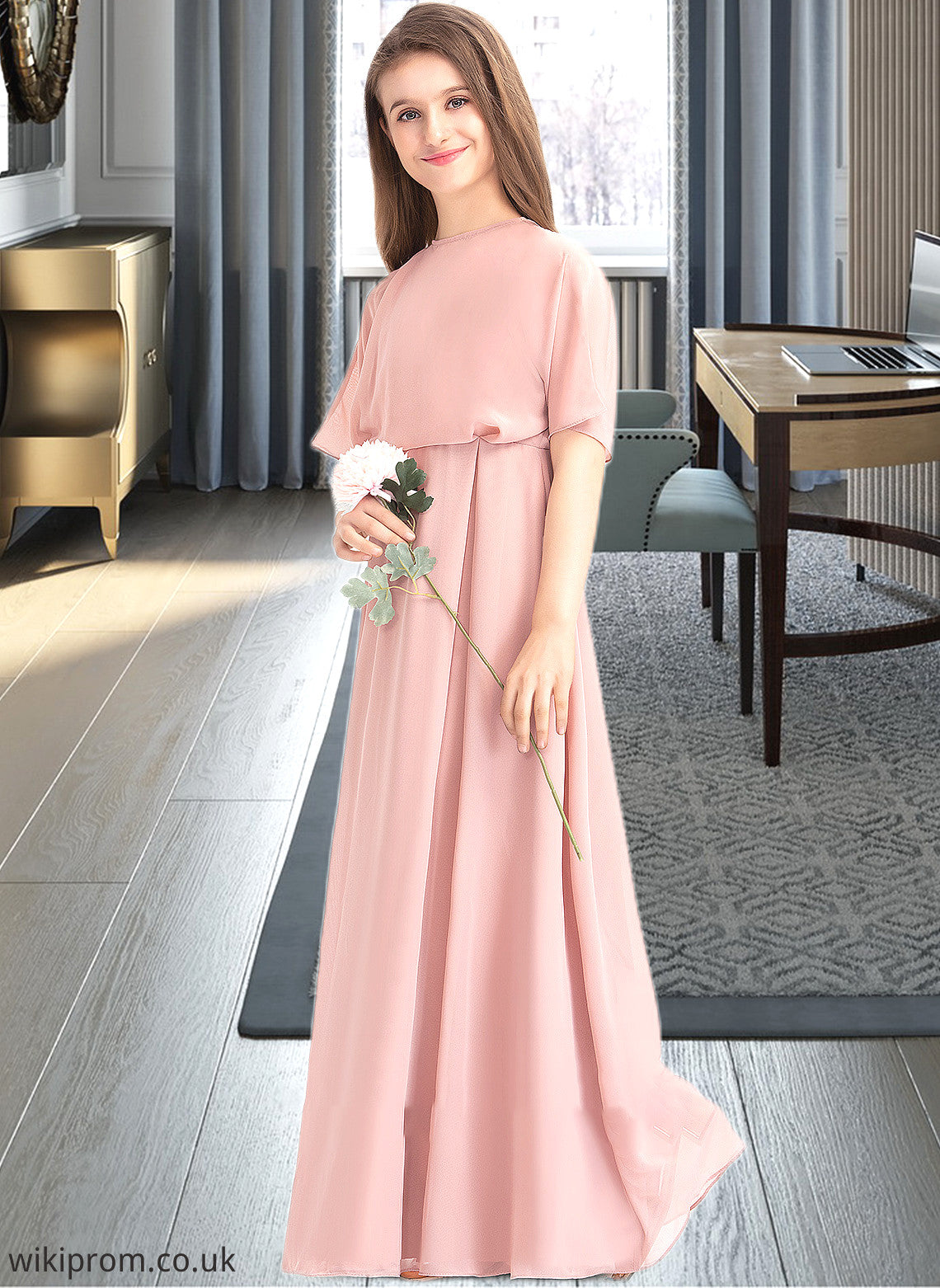 Helen A-Line Scoop Neck Floor-Length Chiffon Junior Bridesmaid Dress SWKP0013493