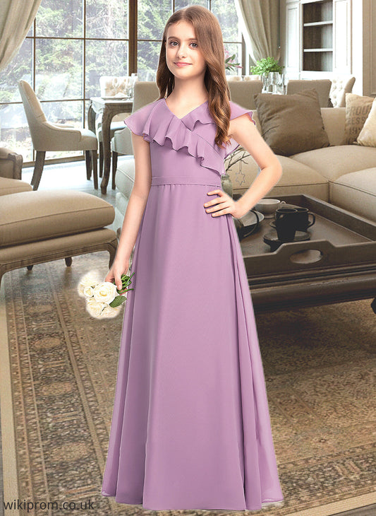 Kyla A-Line V-neck Floor-Length Chiffon Junior Bridesmaid Dress With Bow(s) Cascading Ruffles SWKP0013494