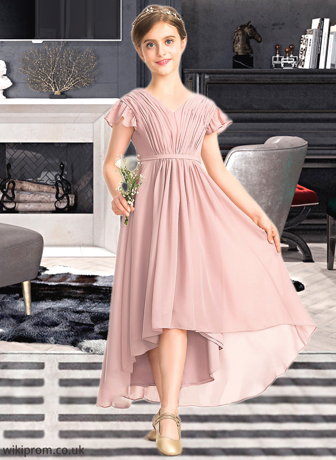 Erica A-Line V-neck Asymmetrical Chiffon Junior Bridesmaid Dress With Bow(s) Cascading Ruffles SWKP0013496