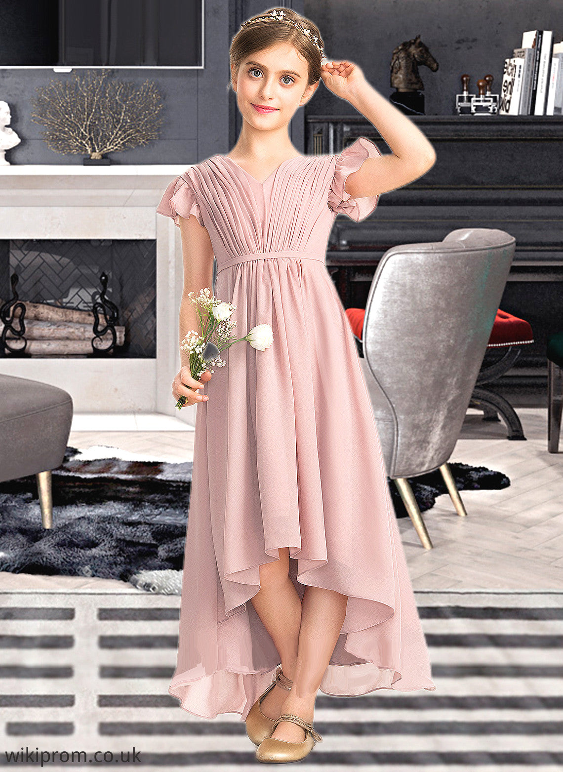 Erica A-Line V-neck Asymmetrical Chiffon Junior Bridesmaid Dress With Bow(s) Cascading Ruffles SWKP0013496