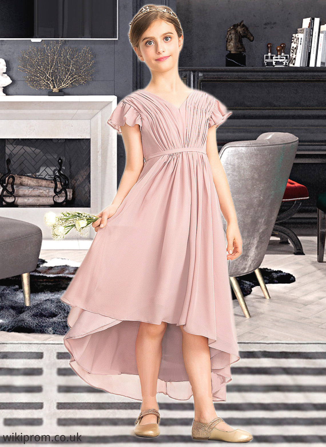 Erica A-Line V-neck Asymmetrical Chiffon Junior Bridesmaid Dress With Bow(s) Cascading Ruffles SWKP0013496