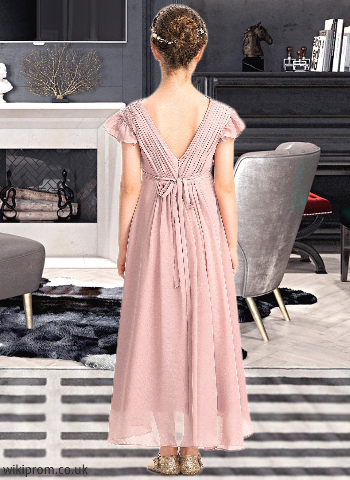 Erica A-Line V-neck Asymmetrical Chiffon Junior Bridesmaid Dress With Bow(s) Cascading Ruffles SWKP0013496