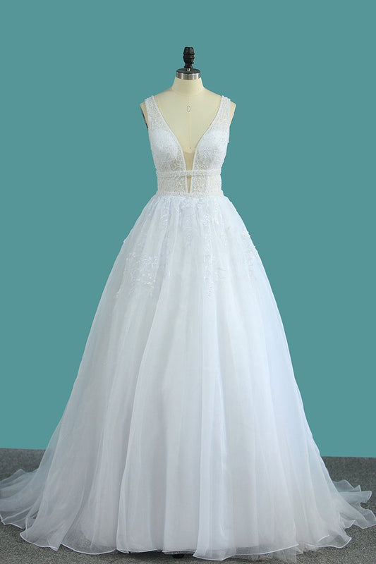 Organza V Neck A Line Wedding Dresses With Applique And Beads Open Back