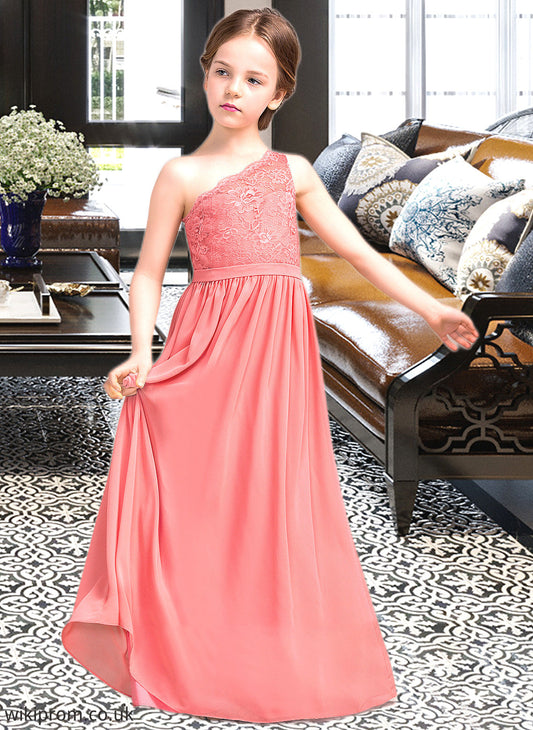 Mylee A-Line One-Shoulder Floor-Length Chiffon Lace Junior Bridesmaid Dress SWKP0013500