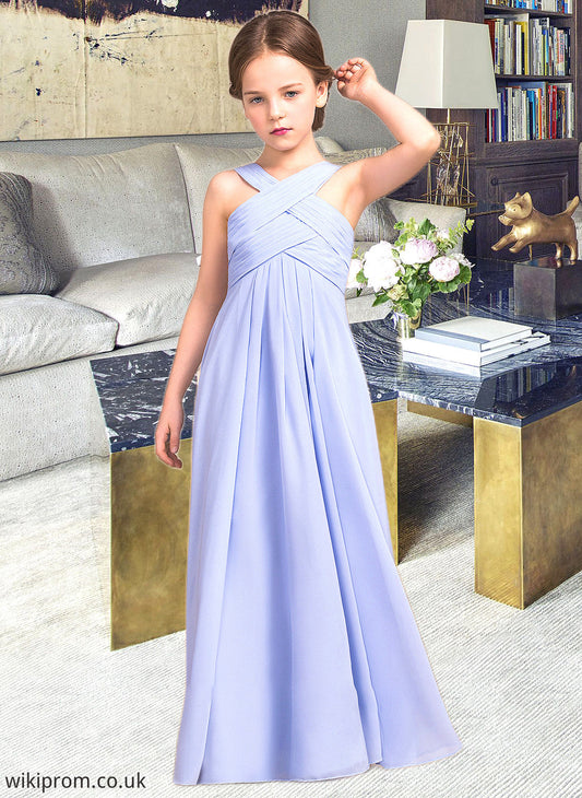 Yaritza A-Line V-neck Floor-Length Chiffon Junior Bridesmaid Dress With Ruffle SWKP0013501