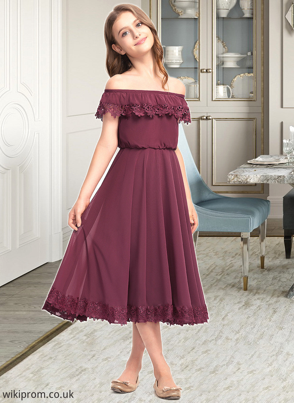 Erica A-Line Off-the-Shoulder Tea-Length Chiffon Lace Junior Bridesmaid Dress SWKP0013505