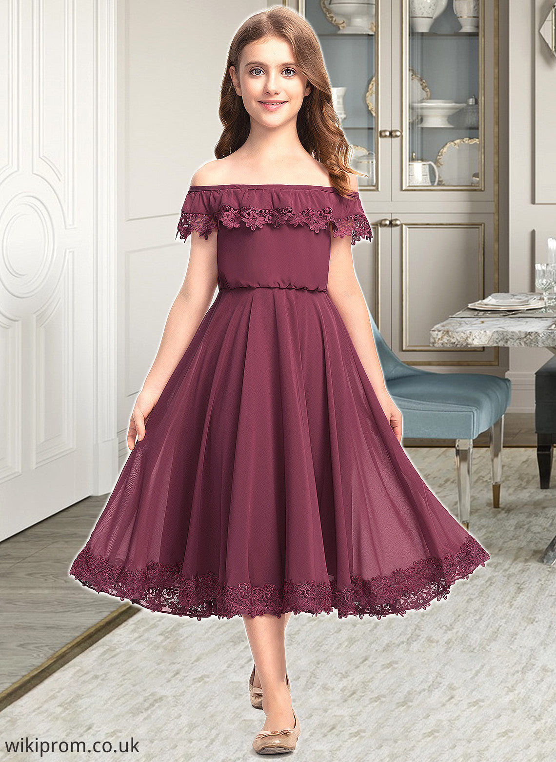 Erica A-Line Off-the-Shoulder Tea-Length Chiffon Lace Junior Bridesmaid Dress SWKP0013505