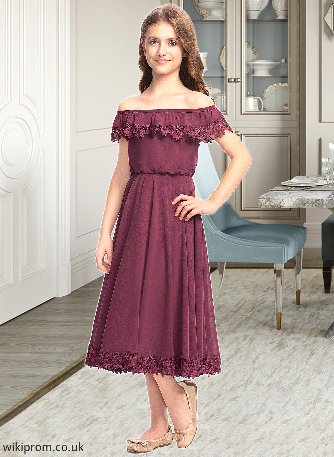 Erica A-Line Off-the-Shoulder Tea-Length Chiffon Lace Junior Bridesmaid Dress SWKP0013505