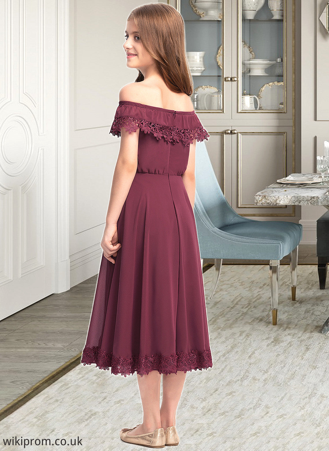 Erica A-Line Off-the-Shoulder Tea-Length Chiffon Lace Junior Bridesmaid Dress SWKP0013505