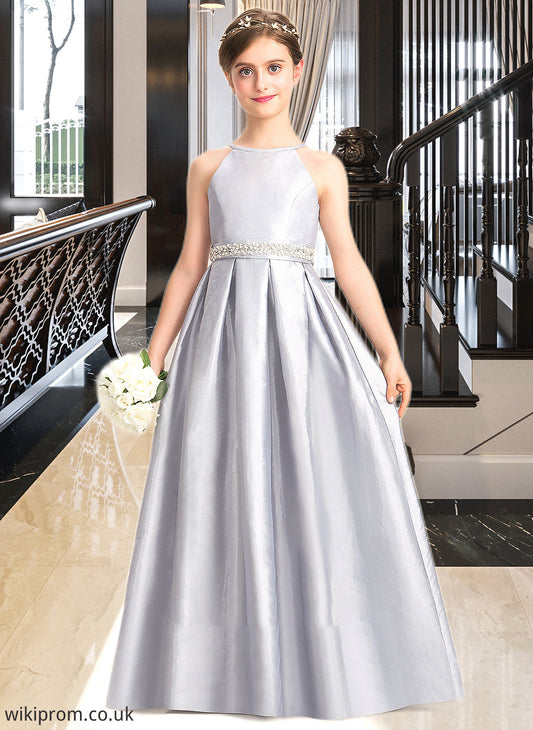 Alula A-Line Scoop Neck Floor-Length Taffeta Junior Bridesmaid Dress With Beading Bow(s) SWKP0013506