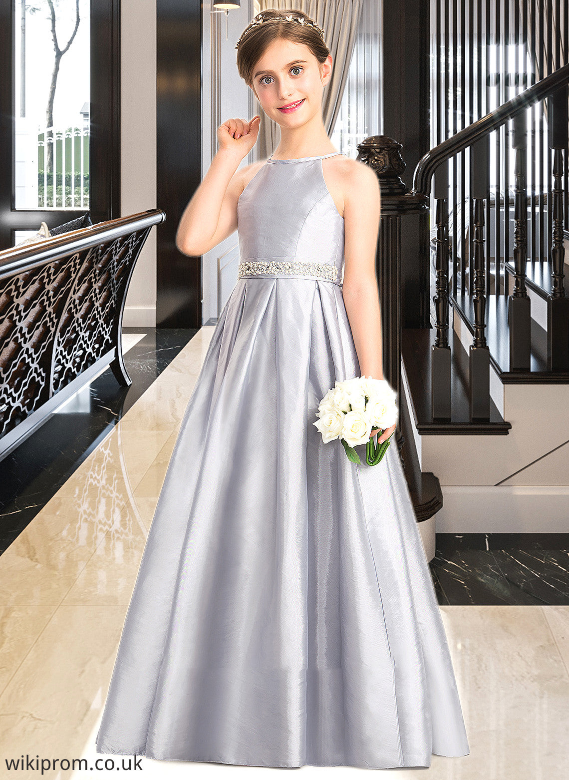 Alula A-Line Scoop Neck Floor-Length Taffeta Junior Bridesmaid Dress With Beading Bow(s) SWKP0013506