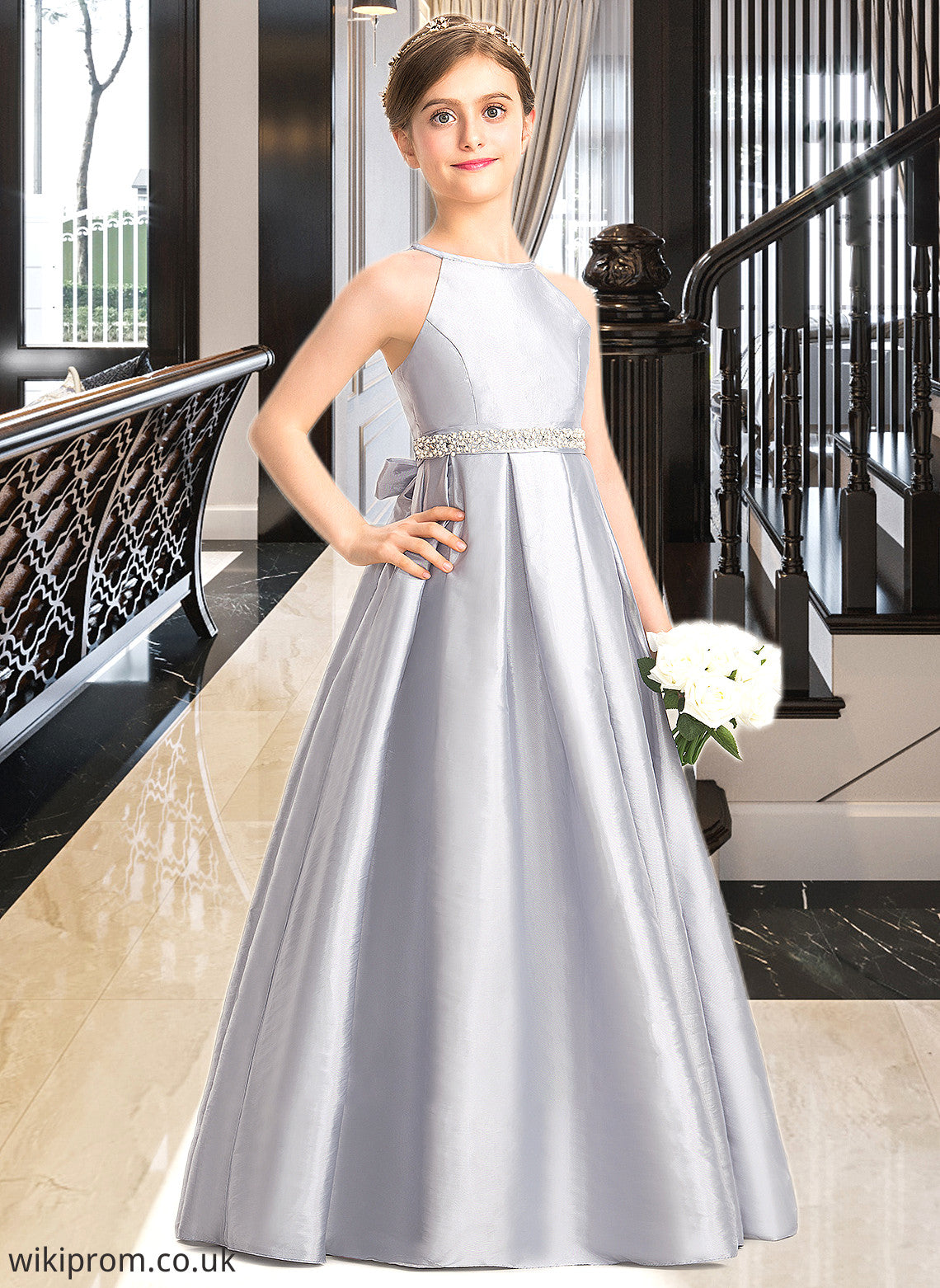 Alula A-Line Scoop Neck Floor-Length Taffeta Junior Bridesmaid Dress With Beading Bow(s) SWKP0013506