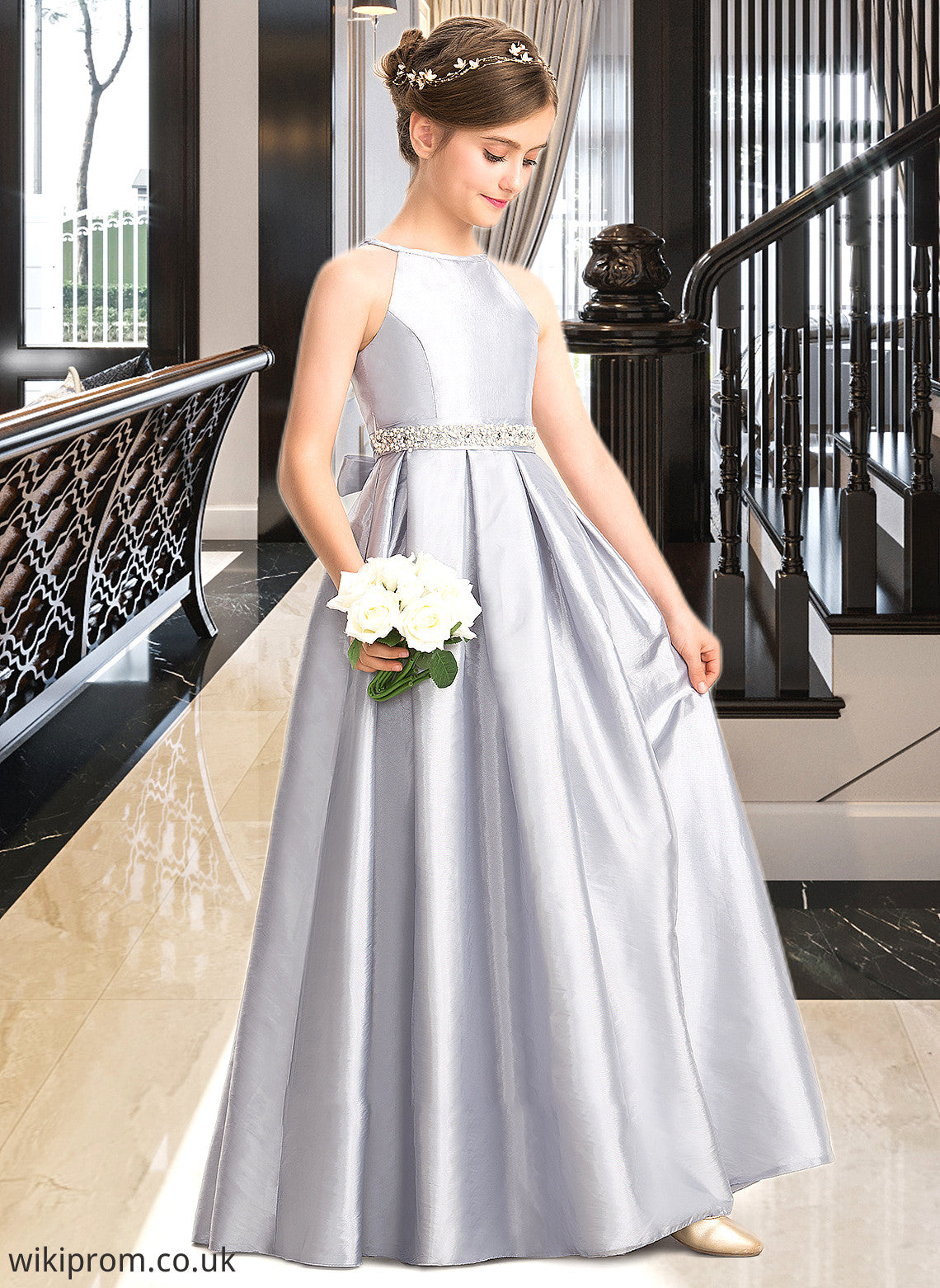 Alula A-Line Scoop Neck Floor-Length Taffeta Junior Bridesmaid Dress With Beading Bow(s) SWKP0013506