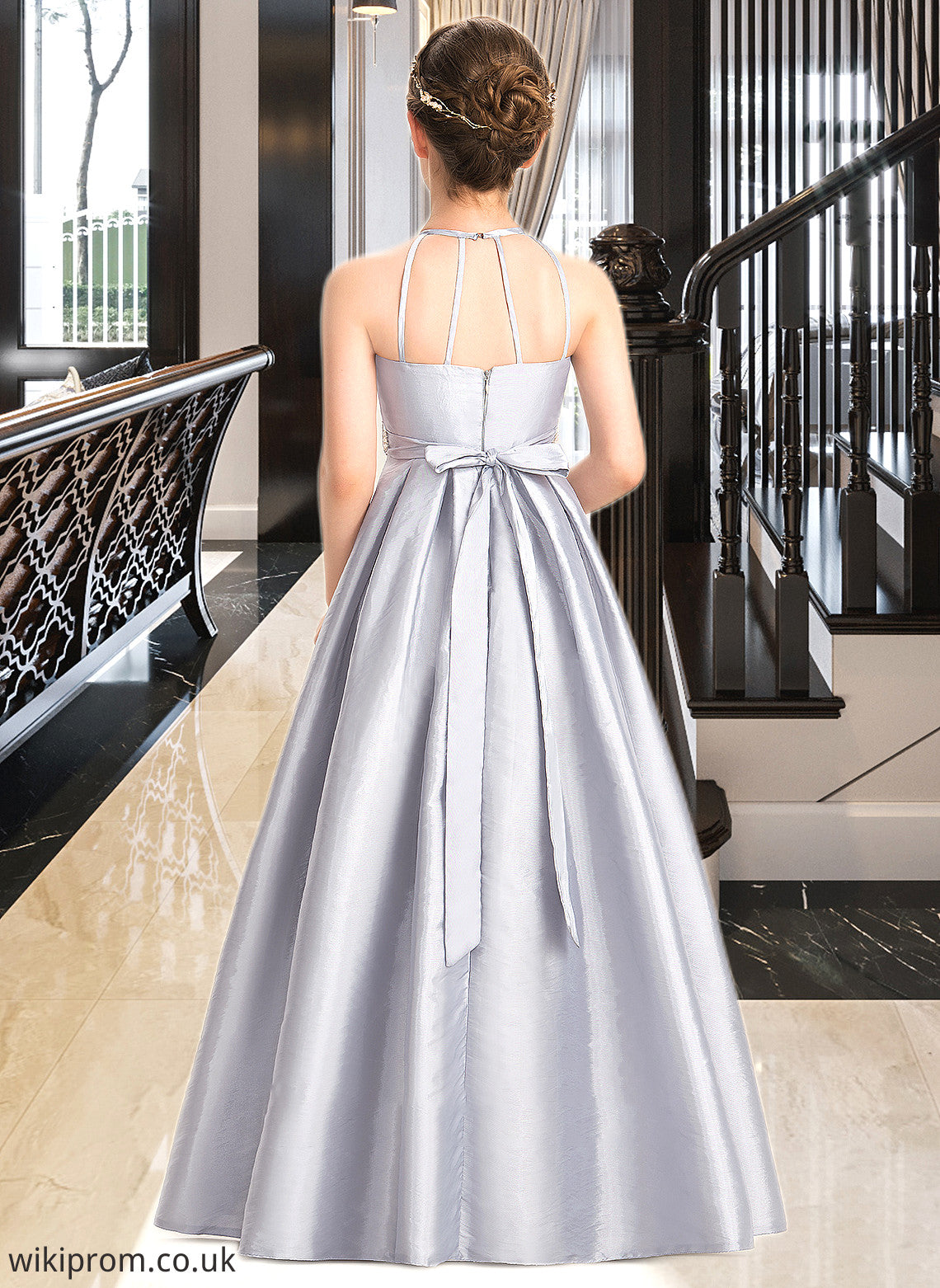 Alula A-Line Scoop Neck Floor-Length Taffeta Junior Bridesmaid Dress With Beading Bow(s) SWKP0013506