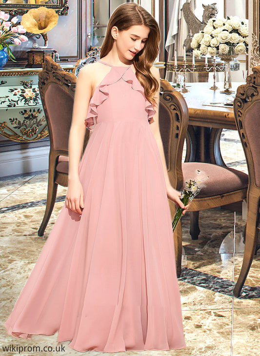 Jaylyn A-Line Square Neckline Floor-Length Chiffon Junior Bridesmaid Dress With Cascading Ruffles SWKP0013509