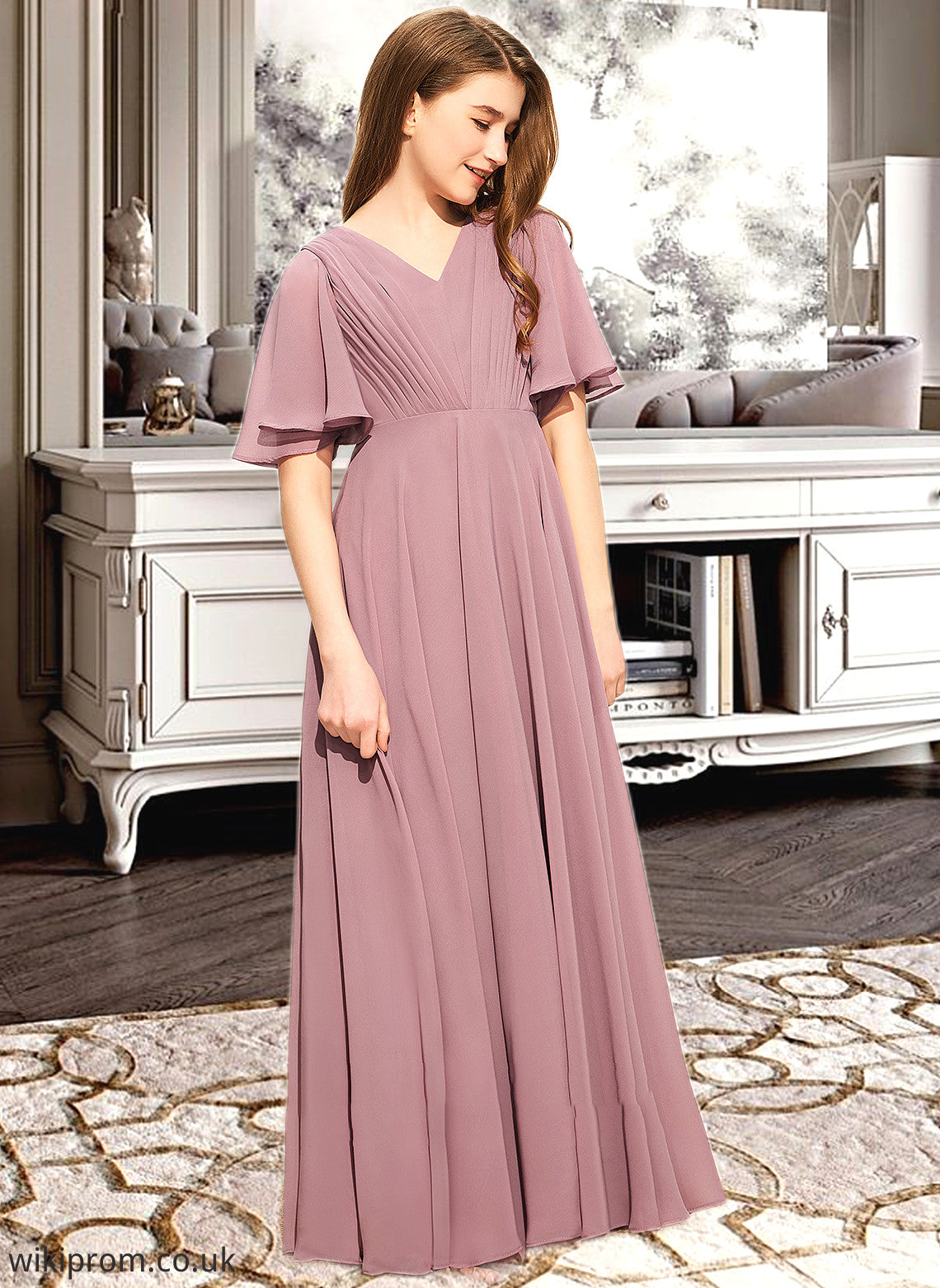 Araceli A-Line V-neck Floor-Length Chiffon Junior Bridesmaid Dress With Ruffle SWKP0013510