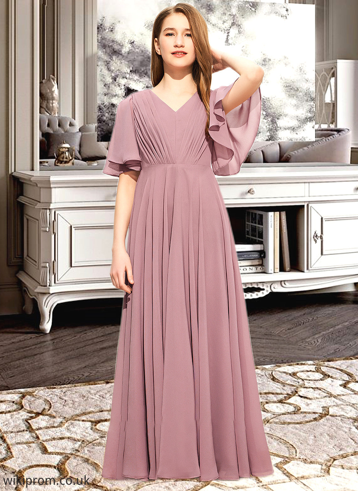 Araceli A-Line V-neck Floor-Length Chiffon Junior Bridesmaid Dress With Ruffle SWKP0013510